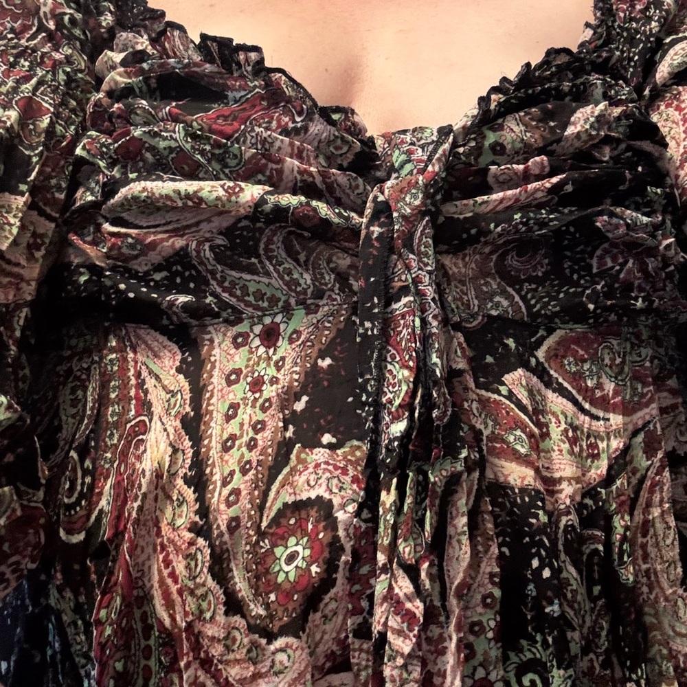 La Caviar Paisley Floral Bohemian boho smocked Ruffle Y2K Bell Sleeve Large L
